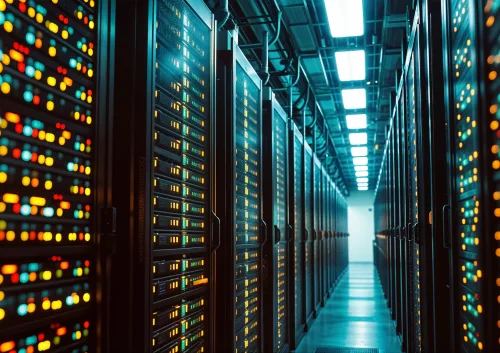 Photograph of a server room. The servers have many rows of different coloured lights on them.